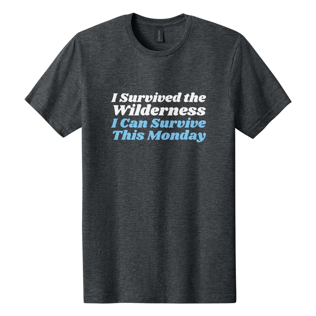 I Survived the Wilderness. I Can Survive This Monday tee in Dark Heather, Shrikhand font, White + Sky Blue ink