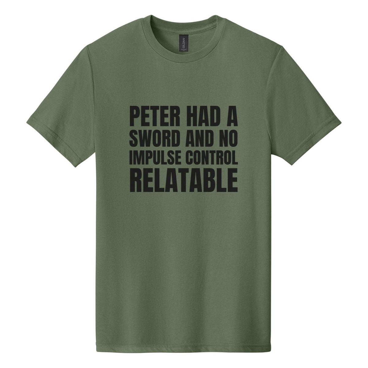 Peter Had a Sword and No Impulse Control. Relatable tee in Cactus, Anton font, Black ink