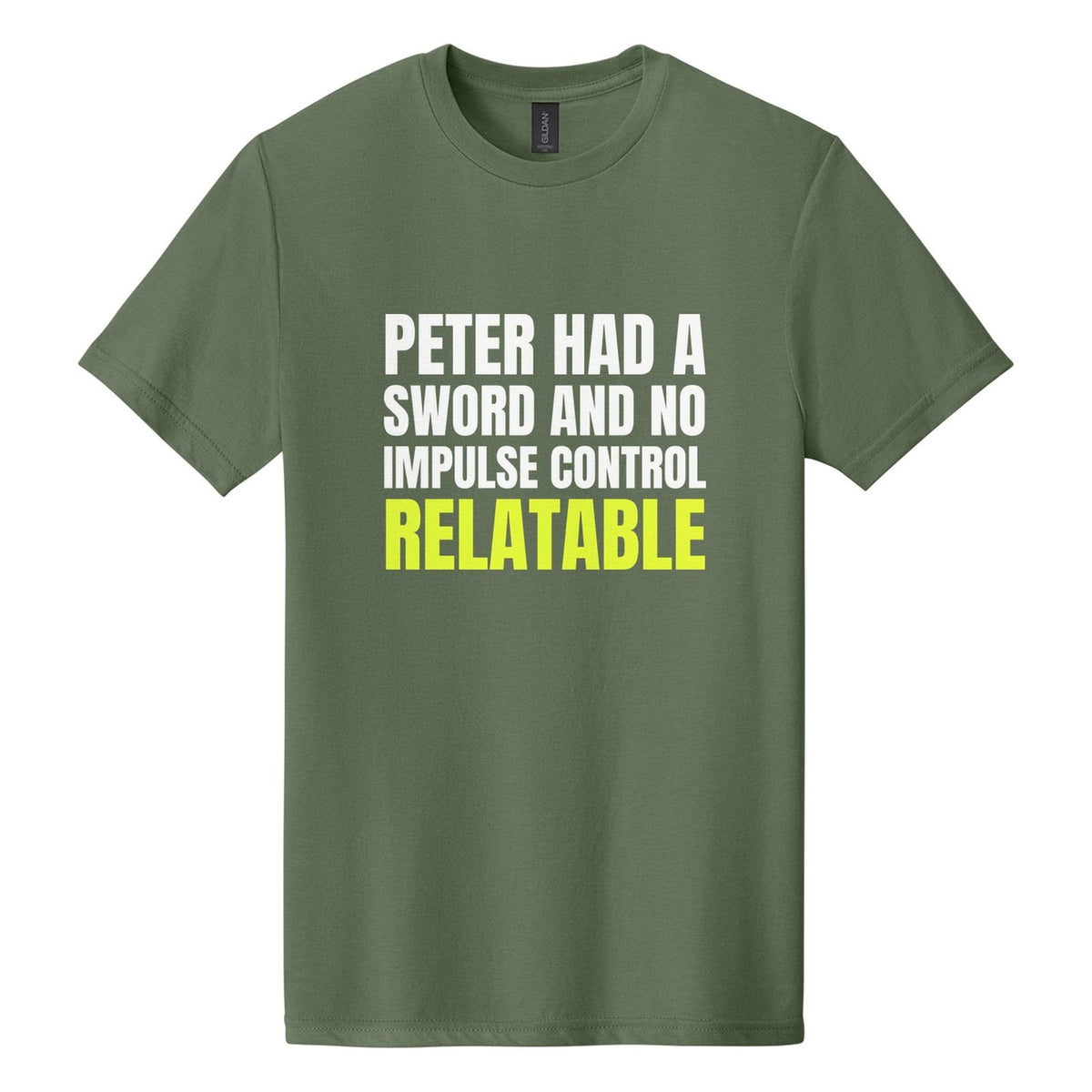 Peter Had a Sword and No Impulse Control. Relatable tee in Cactus, Anton font, White + Neon Yellow ink