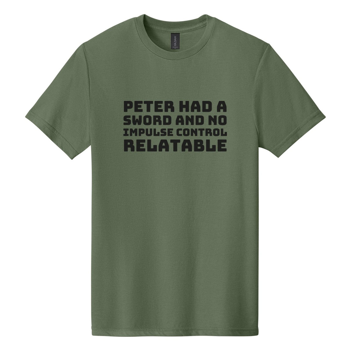 Peter Had a Sword and No Impulse Control. Relatable tee in Cactus, Bungee font, Black ink