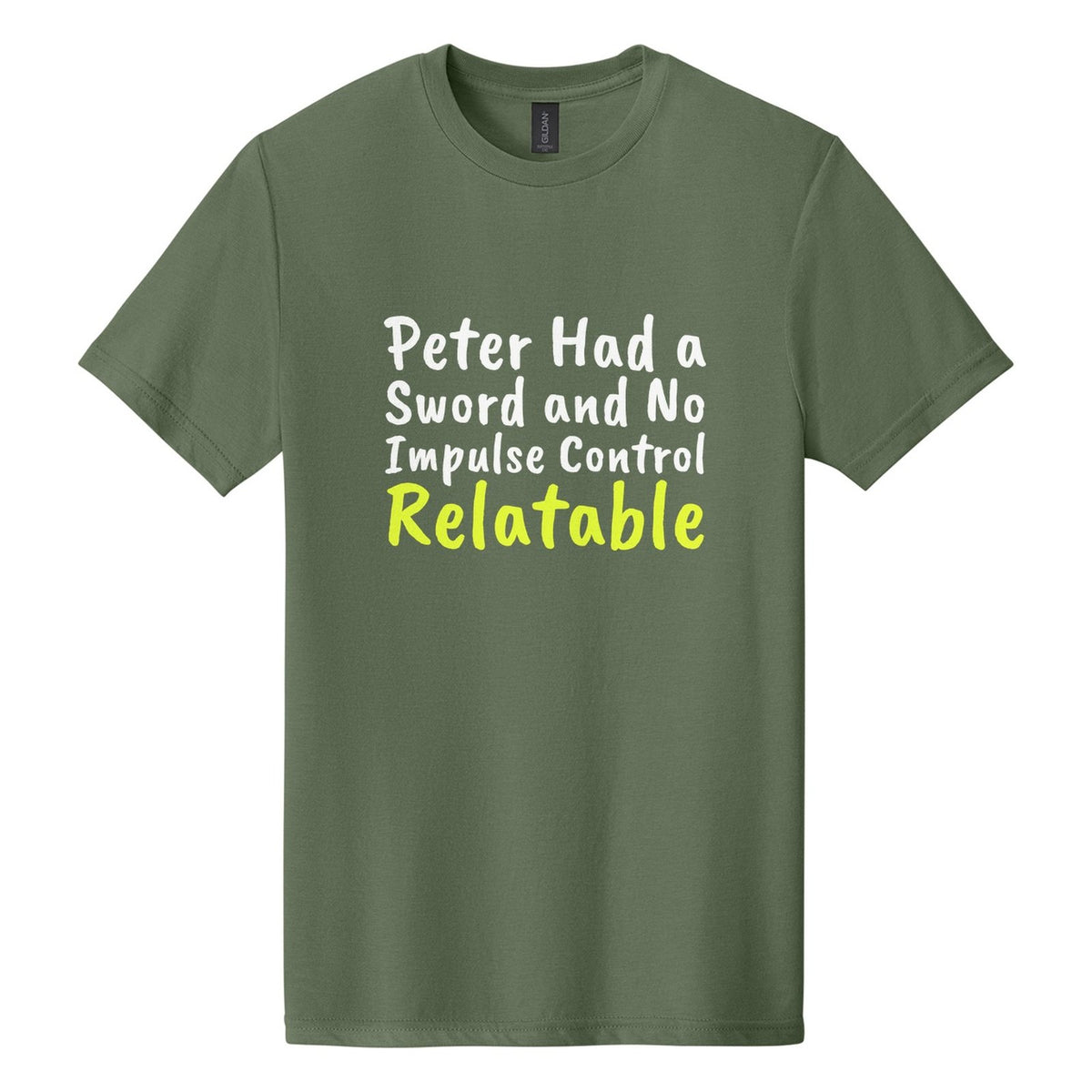 Peter Had a Sword and No Impulse Control. Relatable tee in Cactus, Caveat Brush font, White + Neon Yellow ink