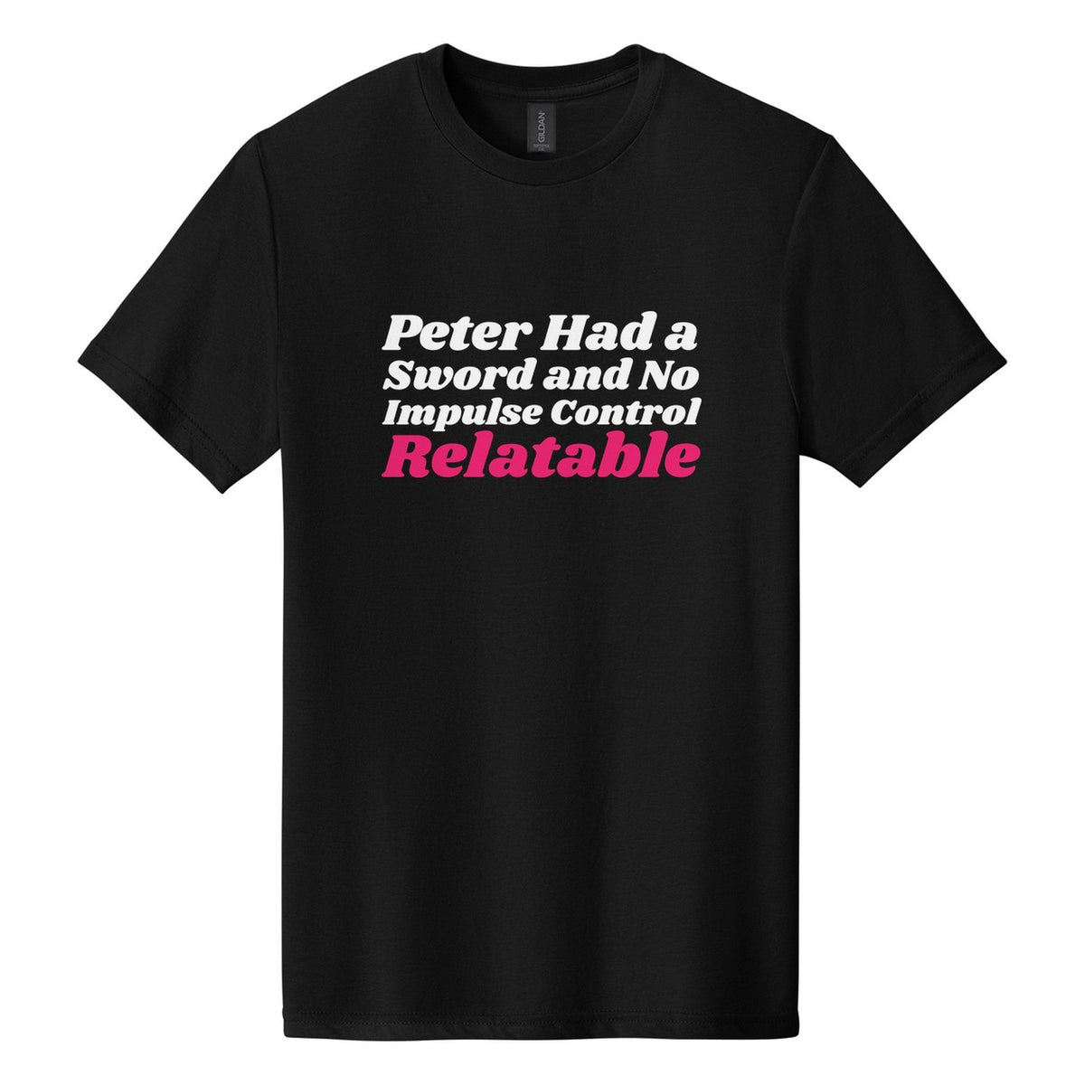 Peter Had a Sword and No Impulse Control. Relatable tee in Pitch Black, Shrikhand font, White + Hot Pink ink
