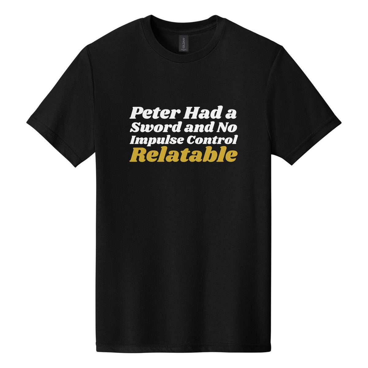 Peter Had a Sword and No Impulse Control. Relatable tee in Pitch Black, Shrikhand font, White + Metallic Gold ink