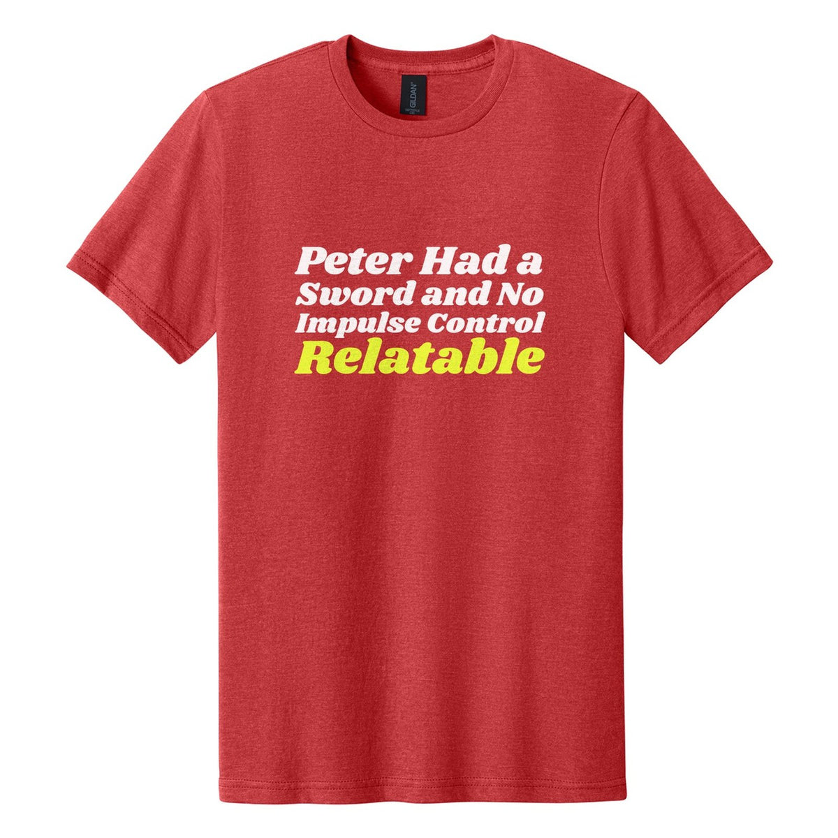 Peter Had a Sword and No Impulse Control. Relatable tee in Red Mist, Shrikhand font, White + Neon Yellow ink