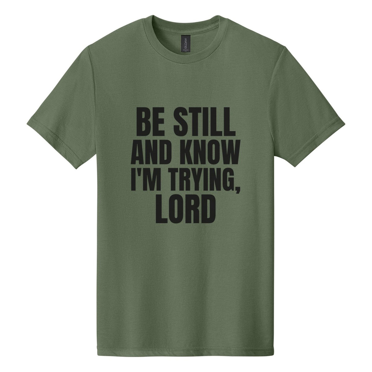 Be Still and Know. I'm Trying, Lord tee in Cactus, Anton font, Black ink