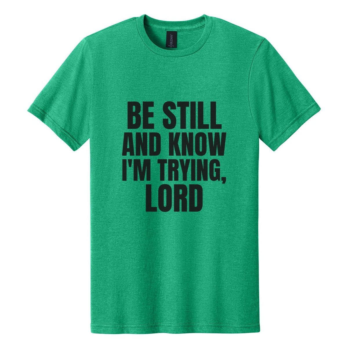 Be Still and Know. I'm Trying, Lord tee in Kelly Mist, Anton font, Black ink