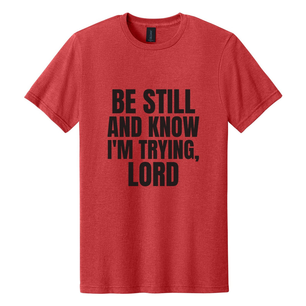 Be Still and Know. I'm Trying, Lord tee in Red Mist, Anton font, Black ink