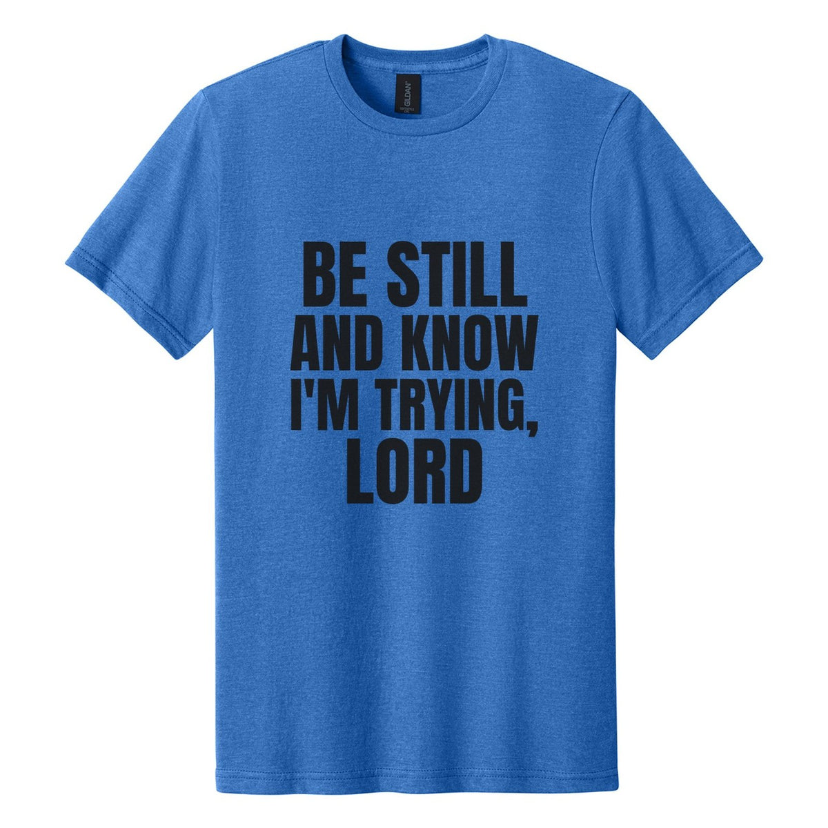 Be Still and Know. I'm Trying, Lord tee in Royal Mist, Anton font, Black ink