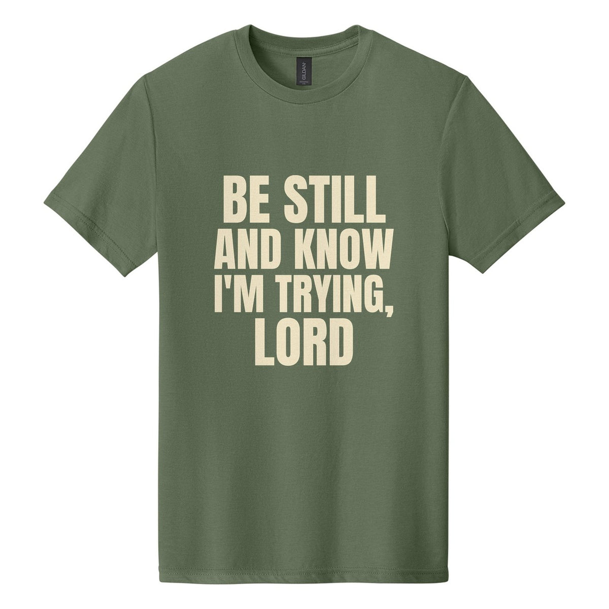 Be Still and Know. I'm Trying, Lord tee in Cactus, Anton font, Cream ink