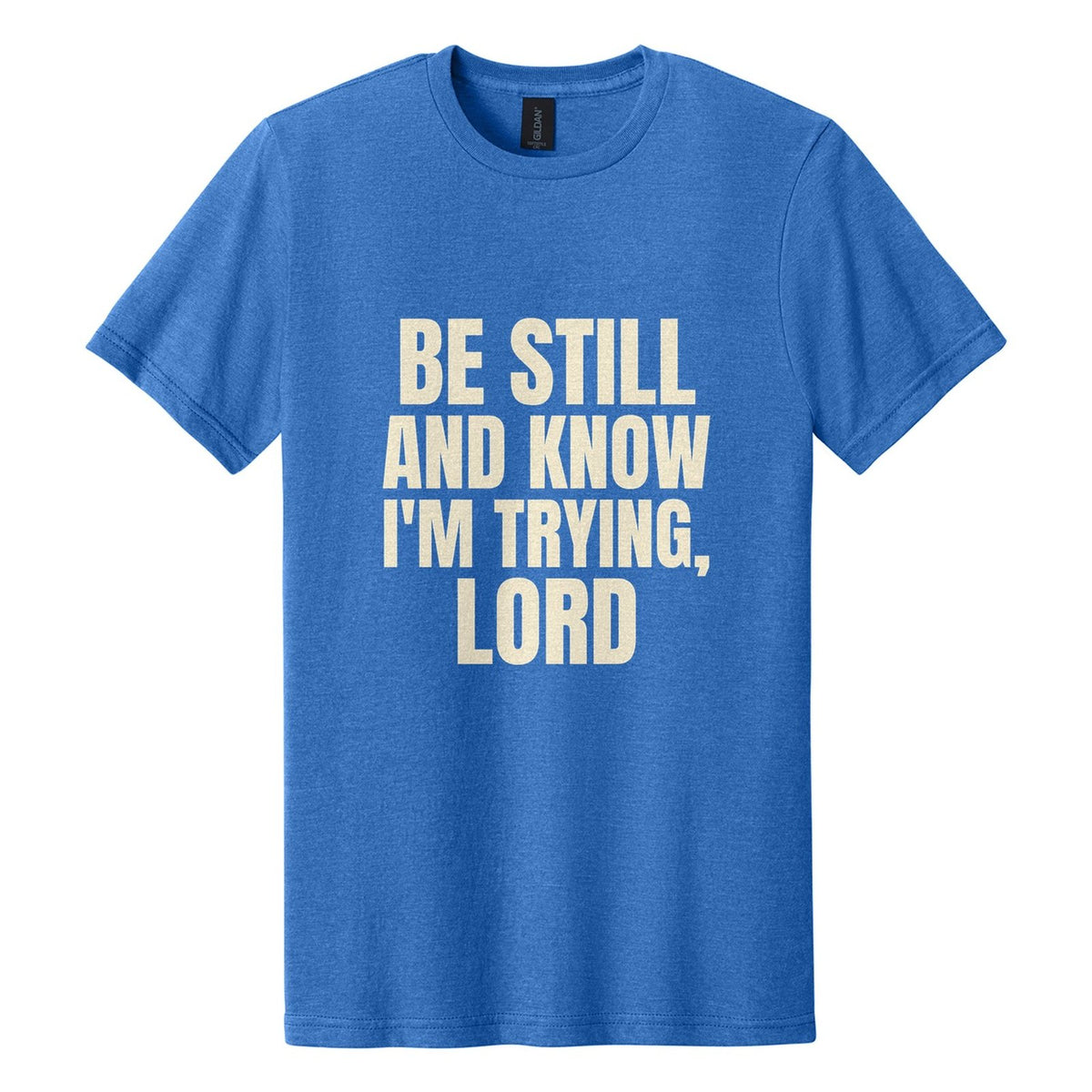 Be Still and Know. I'm Trying, Lord tee in Royal Mist, Anton font, Cream ink