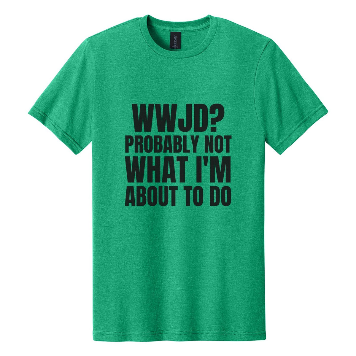 WWJD? Probably Not What I'm About to Do tee in Kelly Mist, Anton font, Black ink