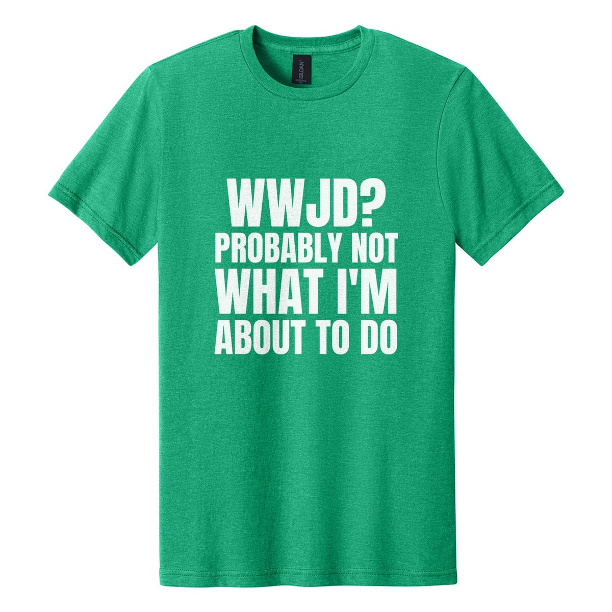 WWJD? Probably Not What I'm About to Do tee in Kelly Mist, Anton font, White ink