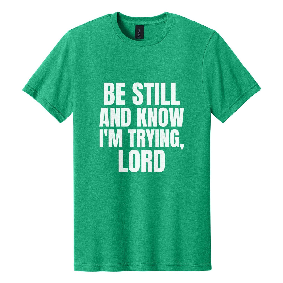 Be Still and Know. I'm Trying, Lord tee in Kelly Mist, Anton font, White ink
