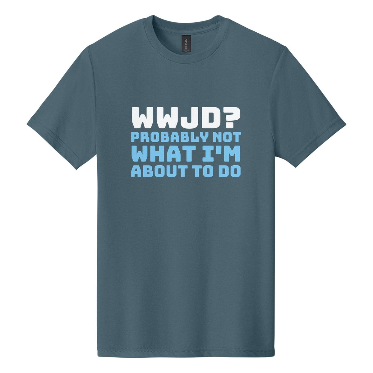 WWJD? Probably Not What I'm About to Do tee in Steel Blue, Bungee font, White + Sky Blue ink