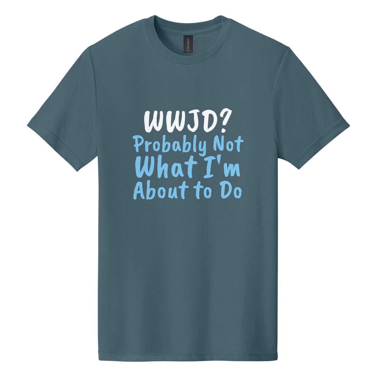 WWJD? Probably Not What I'm About to Do tee in Steel Blue, Caveat Brush font, White + Sky Blue ink