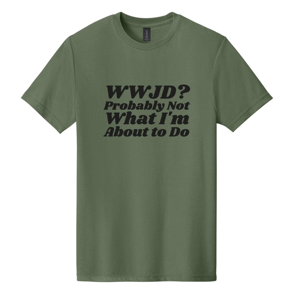 WWJD? Probably Not What I'm About to Do tee in Cactus, Shrikhand font, Black ink