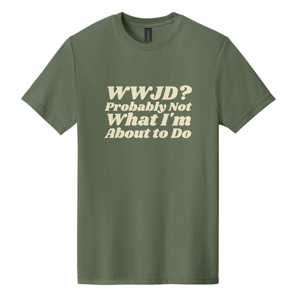WWJD? Probably Not What I'm About to Do tee in Cactus, Shrikhand font, Cream ink