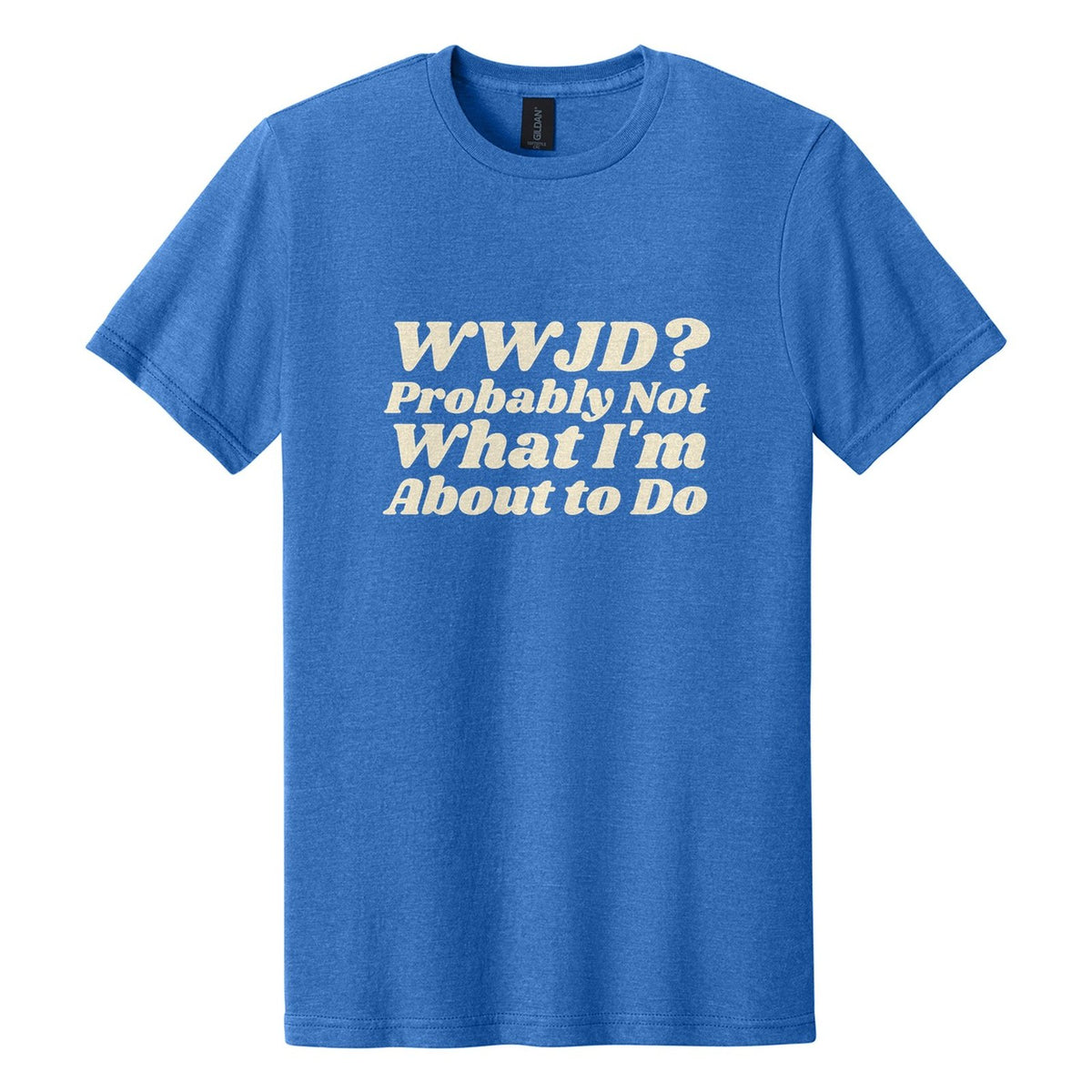 WWJD? Probably Not What I'm About to Do tee in Royal Mist, Shrikhand font, Cream ink