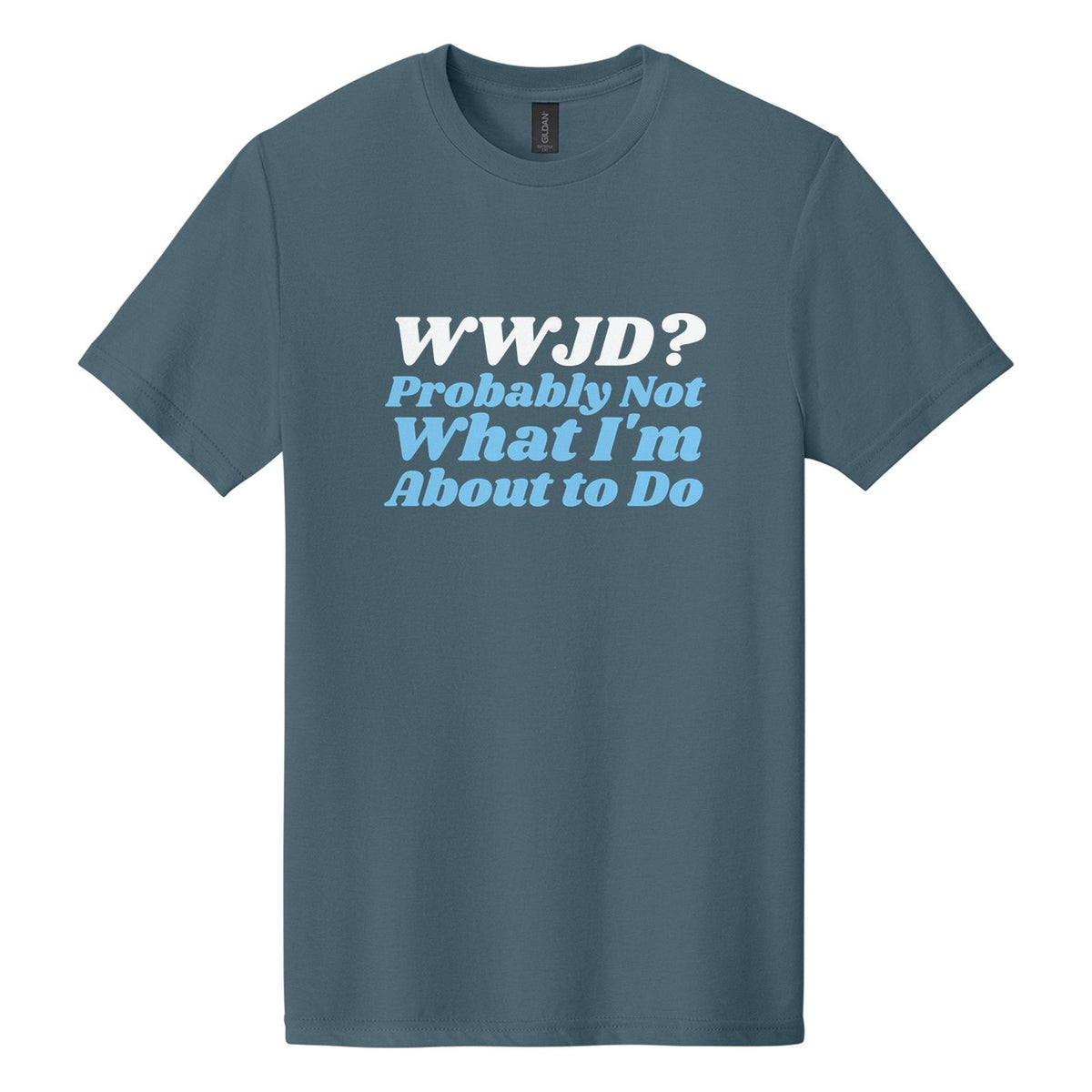 WWJD? Probably Not What I'm About to Do tee in Steel Blue, Shrikhand font, White + Sky Blue ink