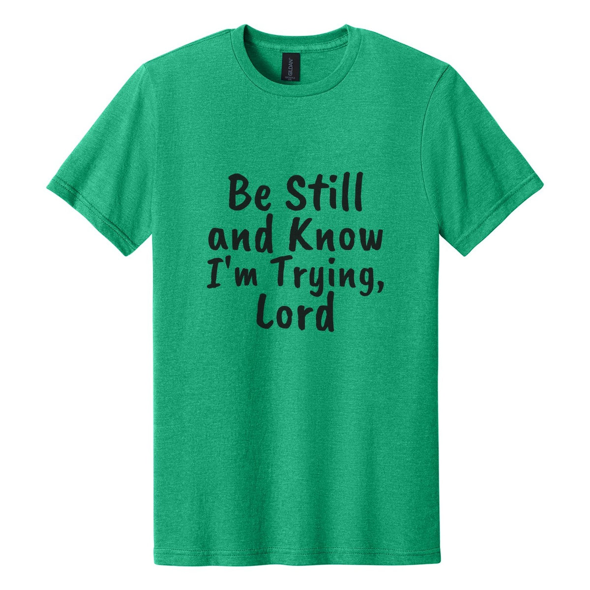 Be Still and Know. I'm Trying, Lord tee in Kelly Mist, Caveat Brush font, Black ink
