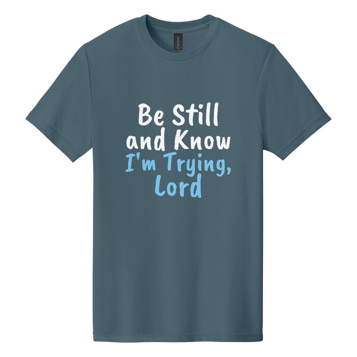 Be Still and Know. I'm Trying, Lord tee in Steel Blue, Caveat Brush font, White + Sky Blue ink