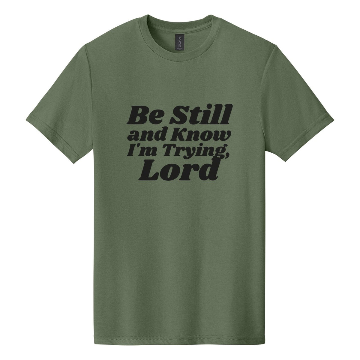 Be Still and Know. I'm Trying, Lord tee in Cactus, Shrikhand font, Black ink