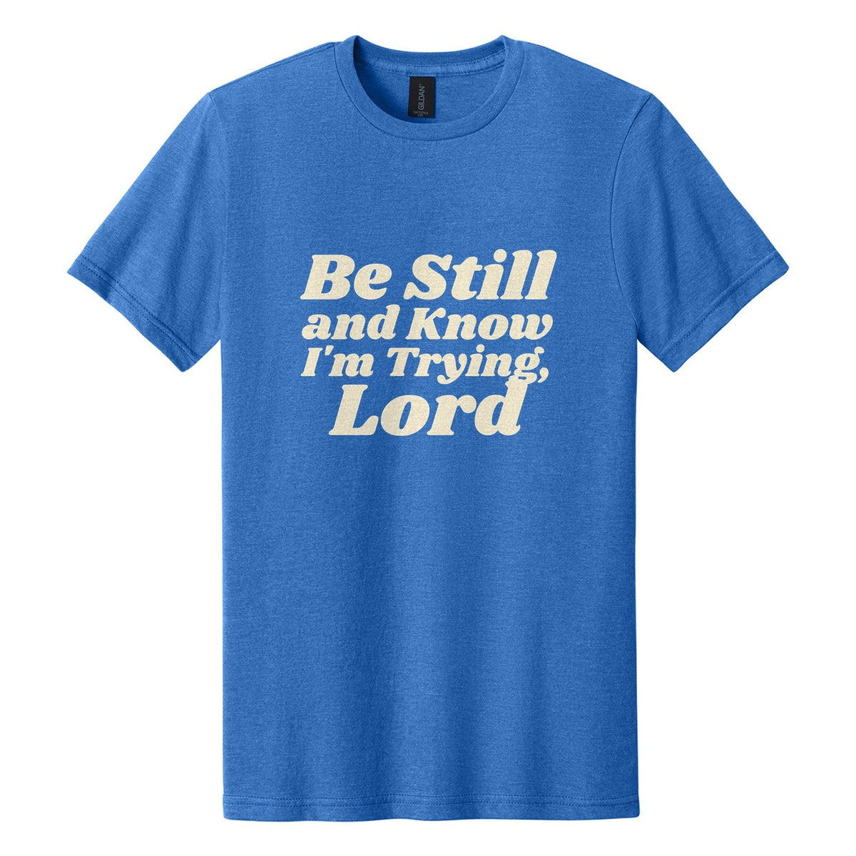 Be Still and Know. I'm Trying, Lord tee in Royal Mist, Shrikhand font, Cream ink