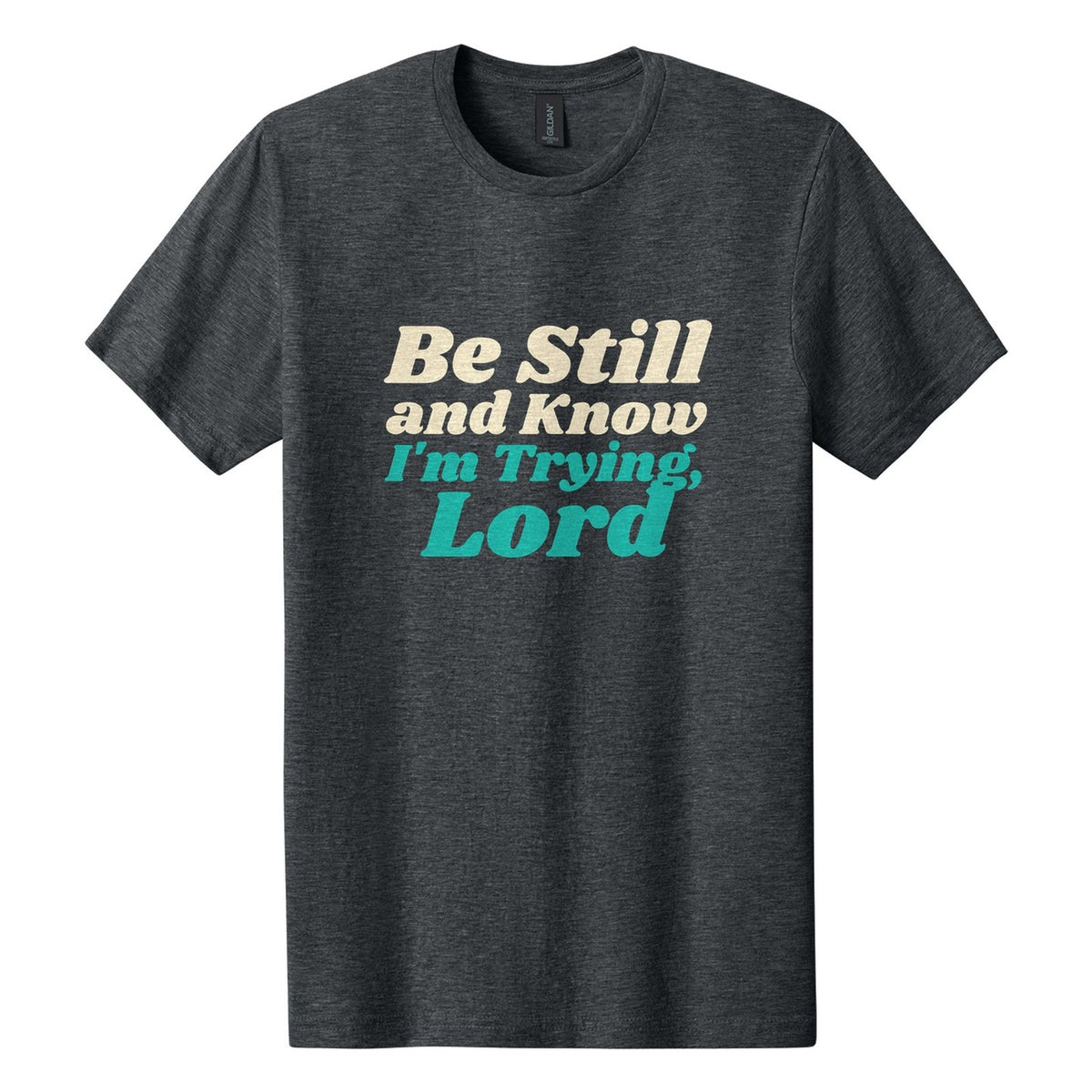 Be Still and Know. I'm Trying, Lord tee in Dark Heather, Shrikhand font, Cream + Teal ink