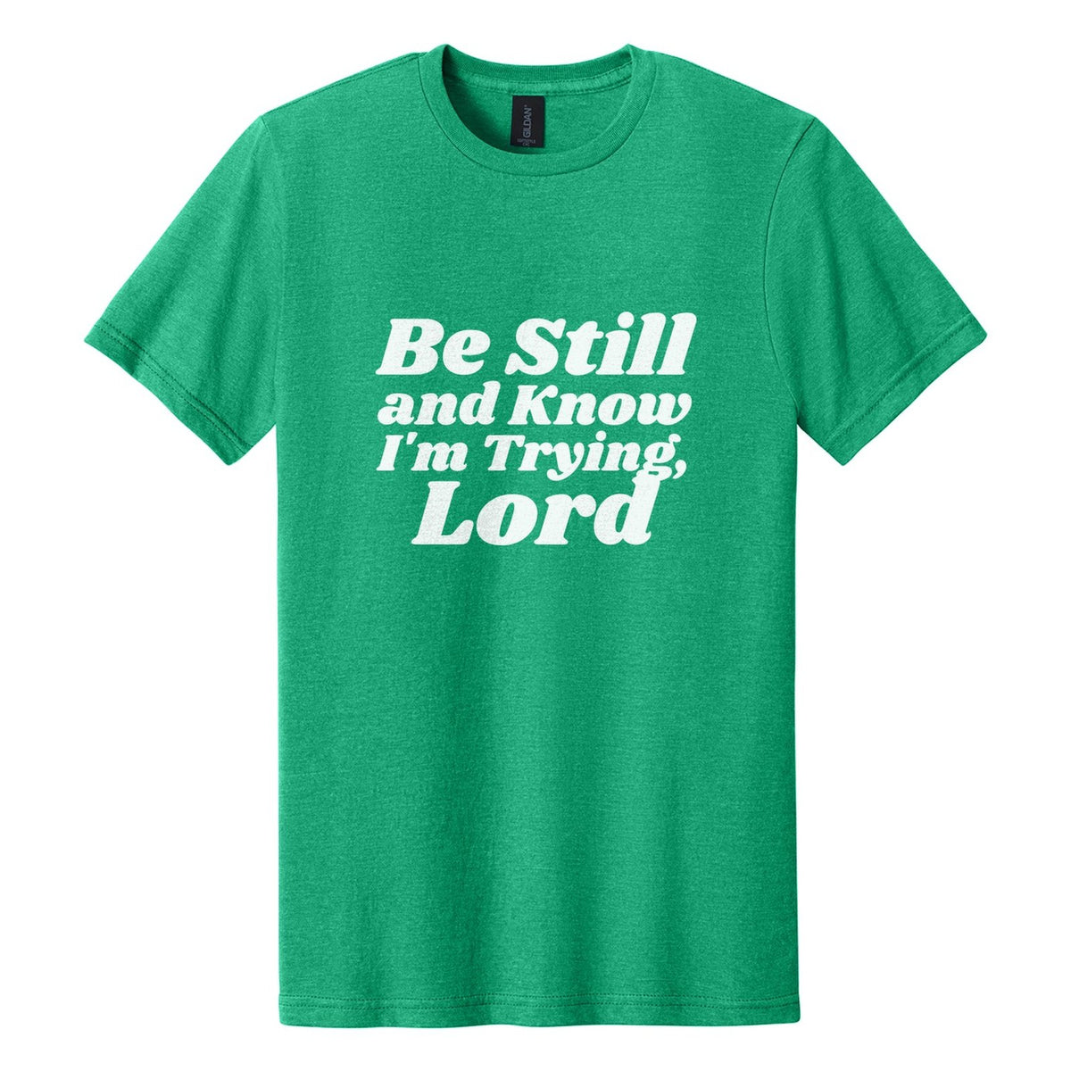 Be Still and Know. I'm Trying, Lord tee in Kelly Mist, Shrikhand font, White ink