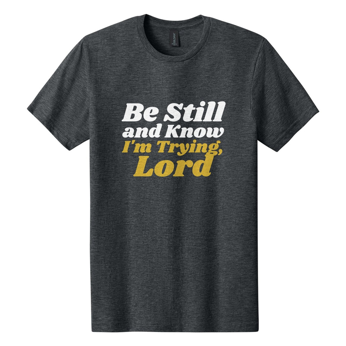 Be Still and Know. I'm Trying, Lord tee in Dark Heather, Shrikhand font, White + Metallic Gold ink
