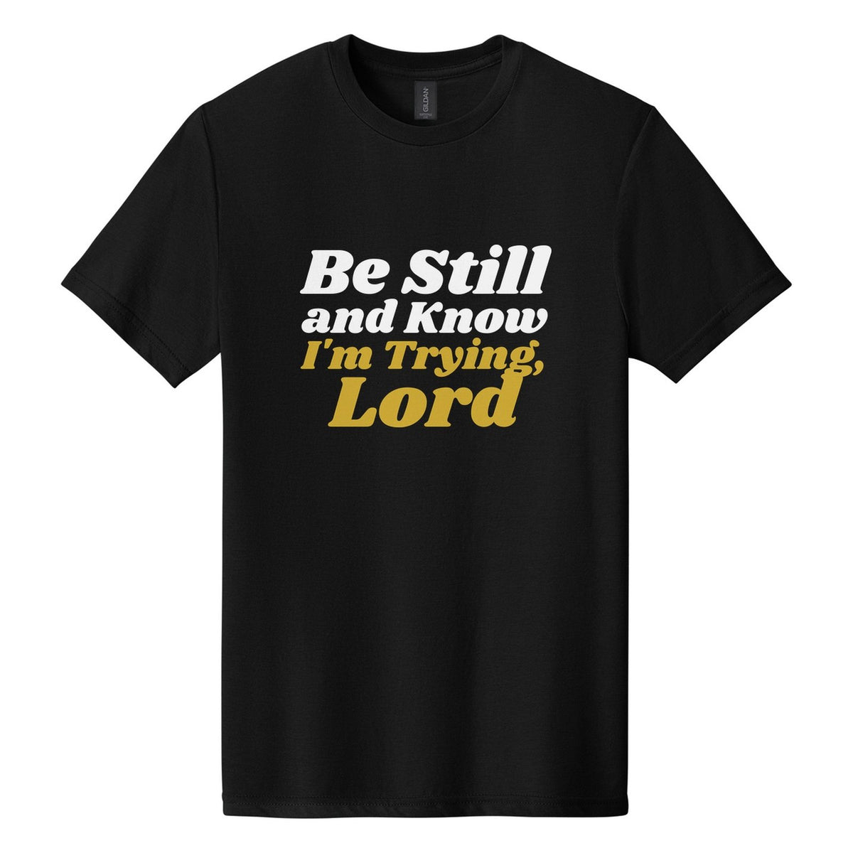 Be Still and Know. I'm Trying, Lord tee in Pitch Black, Shrikhand font, White + Metallic Gold ink