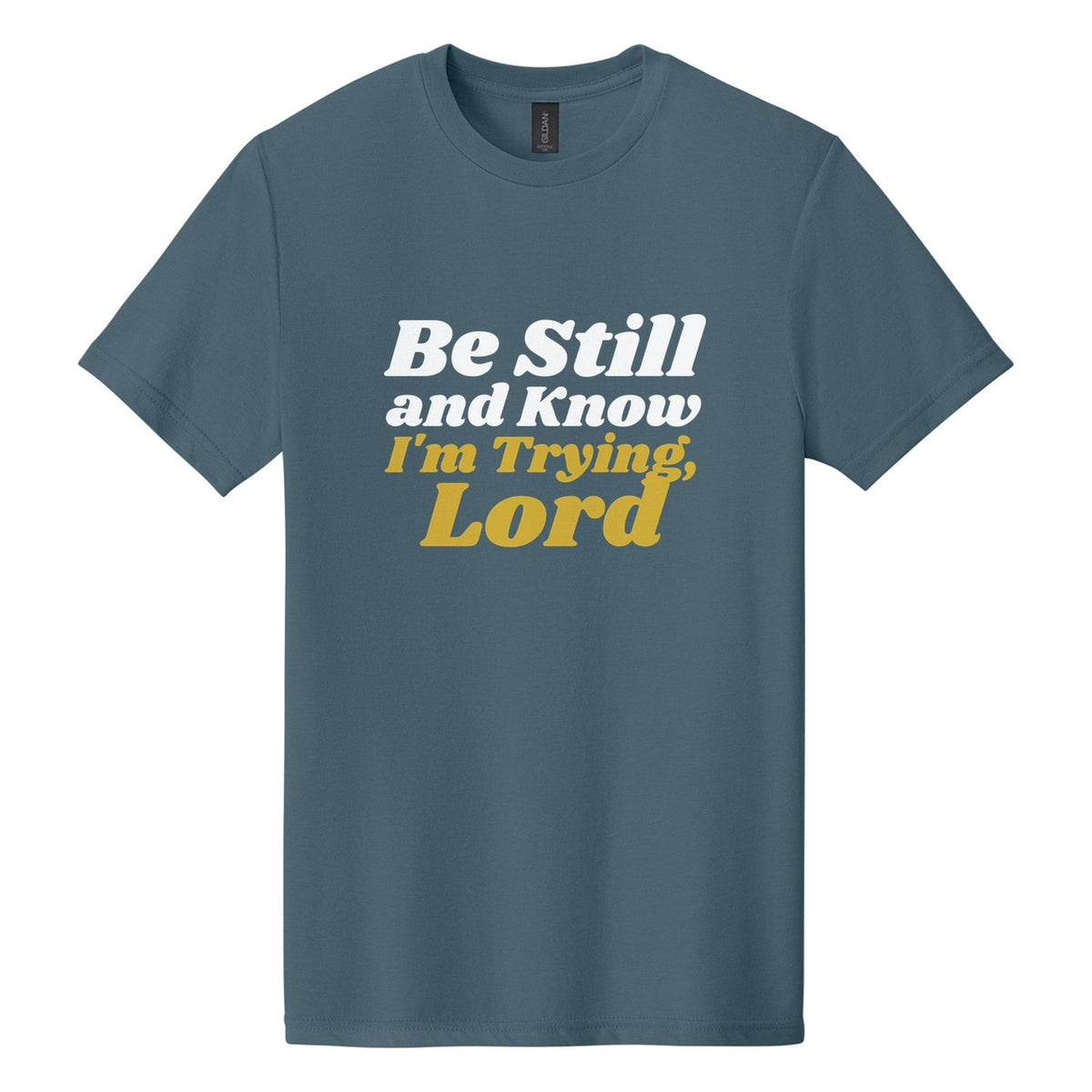 Be Still and Know. I'm Trying, Lord tee in Steel Blue, Shrikhand font, White + Metallic Gold ink
