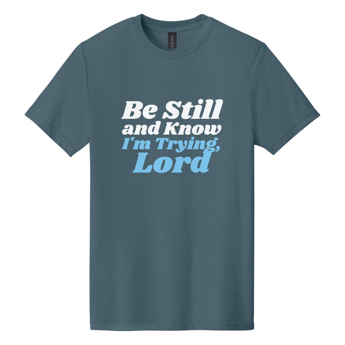 Be Still and Know. I'm Trying, Lord tee in Steel Blue, Shrikhand font, White + Sky Blue ink