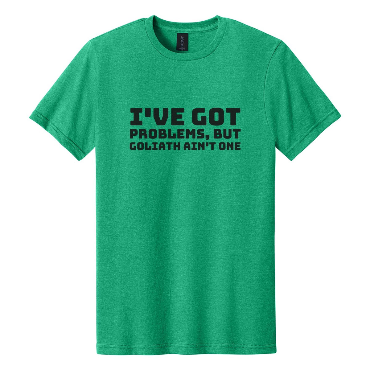 I've Got Problems, but Goliath Ain't One tee in Kelly Mist, Bungee font, Black ink