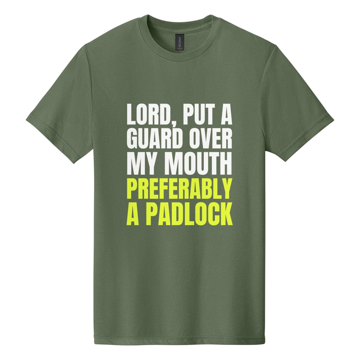 Lord, Put a Guard Over My Mouth. Preferably a Padlock tee in Cactus, Anton font, White + Neon Yellow ink