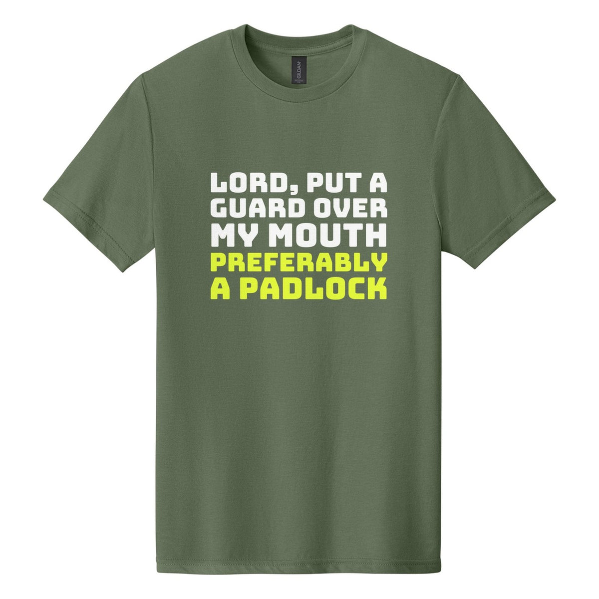 Lord, Put a Guard Over My Mouth. Preferably a Padlock tee in Cactus, Bungee font, White + Neon Yellow ink