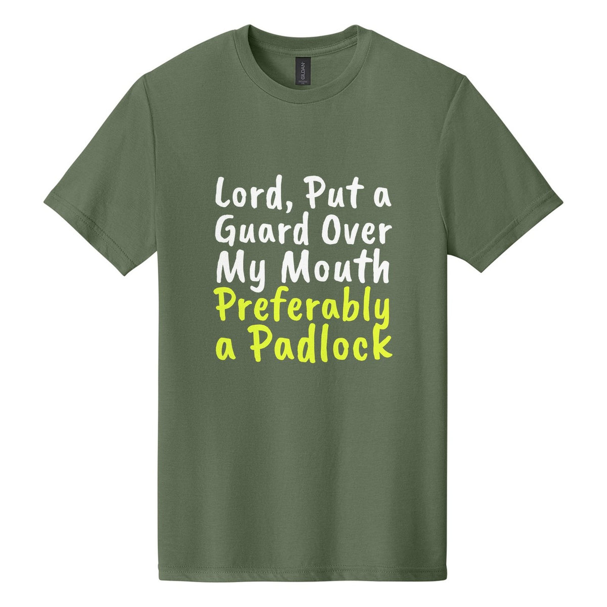 Lord, Put a Guard Over My Mouth. Preferably a Padlock tee in Cactus, Caveat Brush font, White + Neon Yellow ink