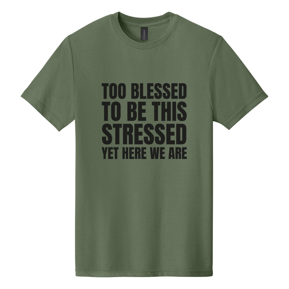 Too Blessed to Be This Stressed. Yet Here We Are tee in Cactus, Anton font, Black ink