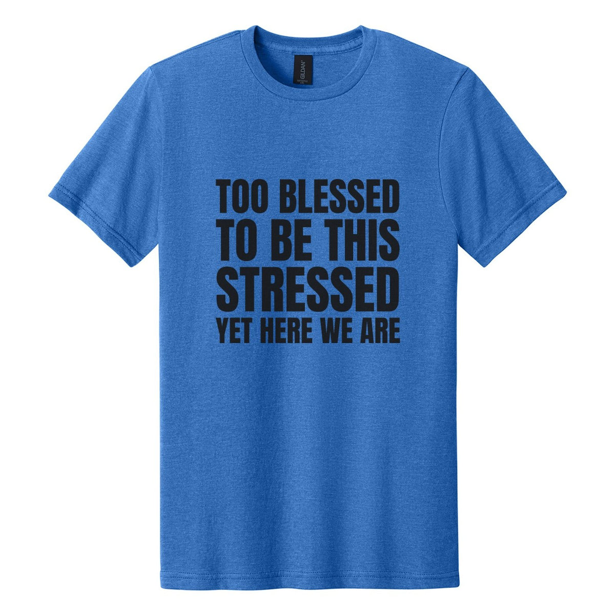 Too Blessed to Be This Stressed. Yet Here We Are tee in Royal Mist, Anton font, Black ink