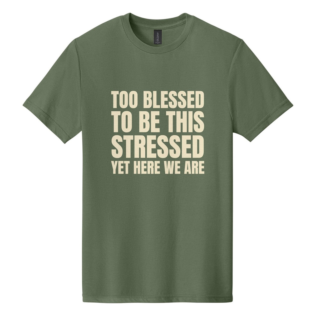 Too Blessed to Be This Stressed. Yet Here We Are tee in Cactus, Anton font, Cream ink