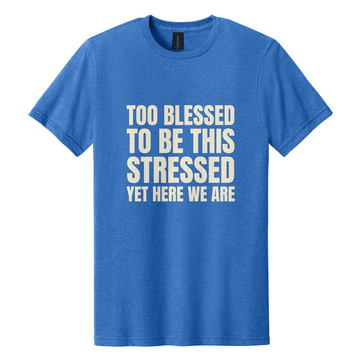 Too Blessed to Be This Stressed. Yet Here We Are tee in Royal Mist, Anton font, Cream ink