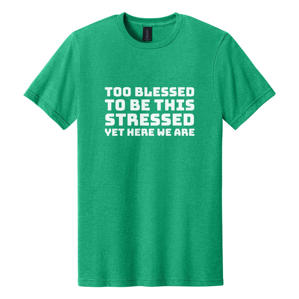 Too Blessed to Be This Stressed. Yet Here We Are tee in Kelly Mist, Bungee font, White ink