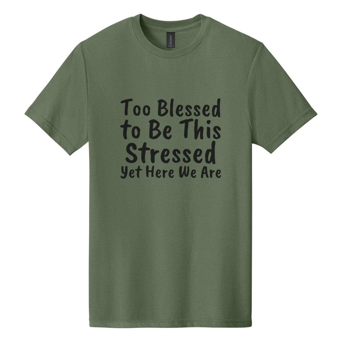 Too Blessed to Be This Stressed. Yet Here We Are tee in Cactus, Caveat Brush font, Black ink