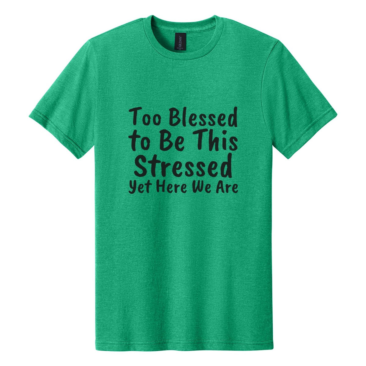 Too Blessed to Be This Stressed. Yet Here We Are tee in Kelly Mist, Caveat Brush font, Black ink