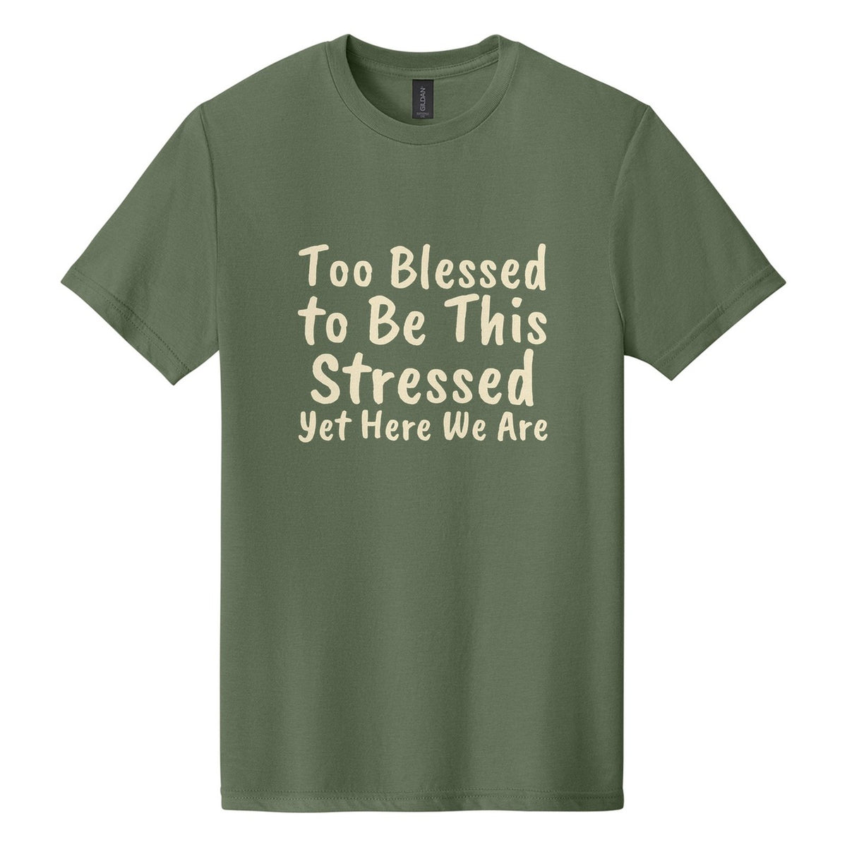 Too Blessed to Be This Stressed. Yet Here We Are tee in Cactus, Caveat Brush font, Cream ink