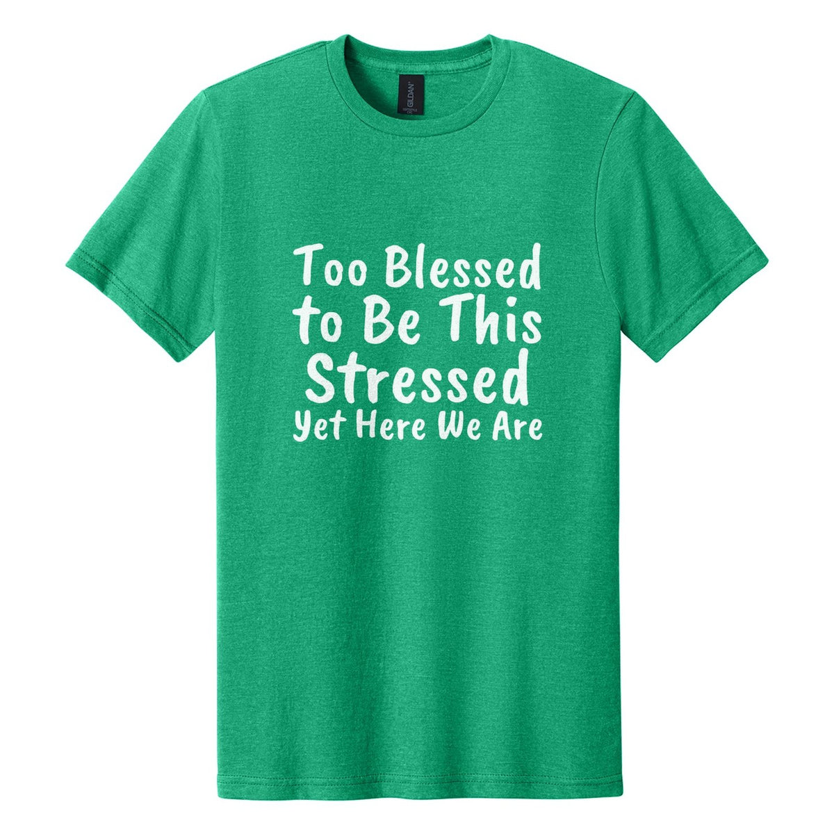 Too Blessed to Be This Stressed. Yet Here We Are tee in Kelly Mist, Caveat Brush font, White ink
