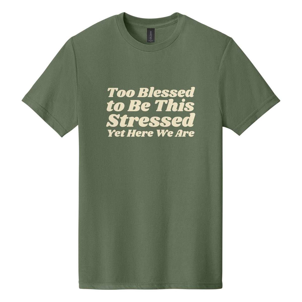 Too Blessed to Be This Stressed. Yet Here We Are tee in Cactus, Shrikhand font, Cream ink