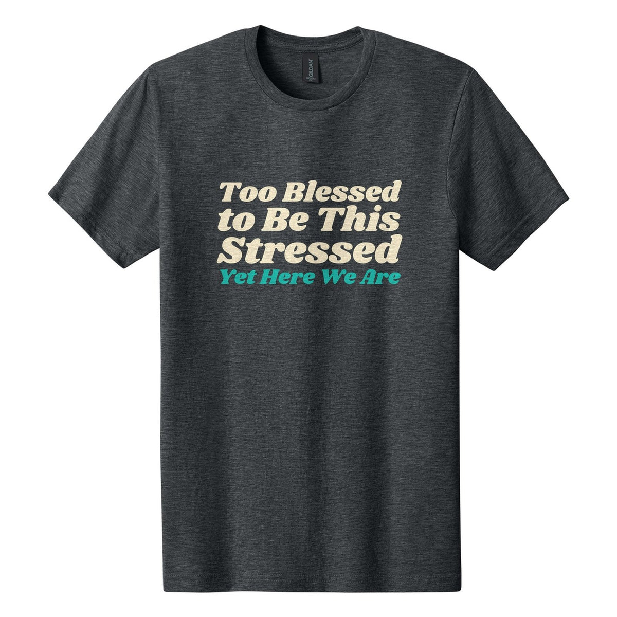 Too Blessed to Be This Stressed. Yet Here We Are tee in Dark Heather, Shrikhand font, Cream + Teal ink