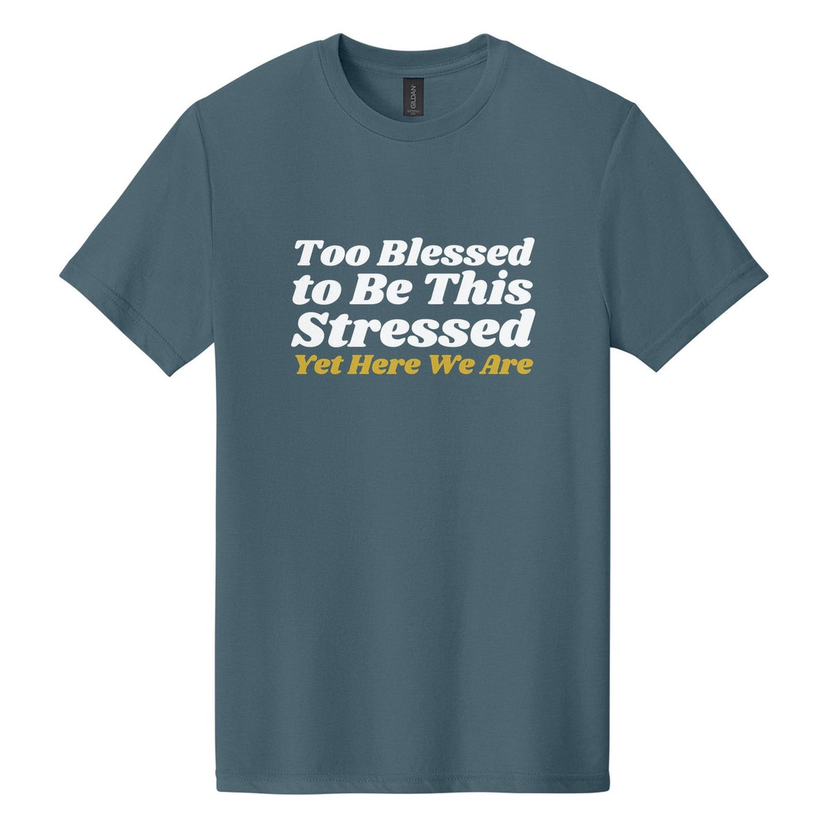 Too Blessed to Be This Stressed. Yet Here We Are tee in Steel Blue, Shrikhand font, White + Metallic Gold ink