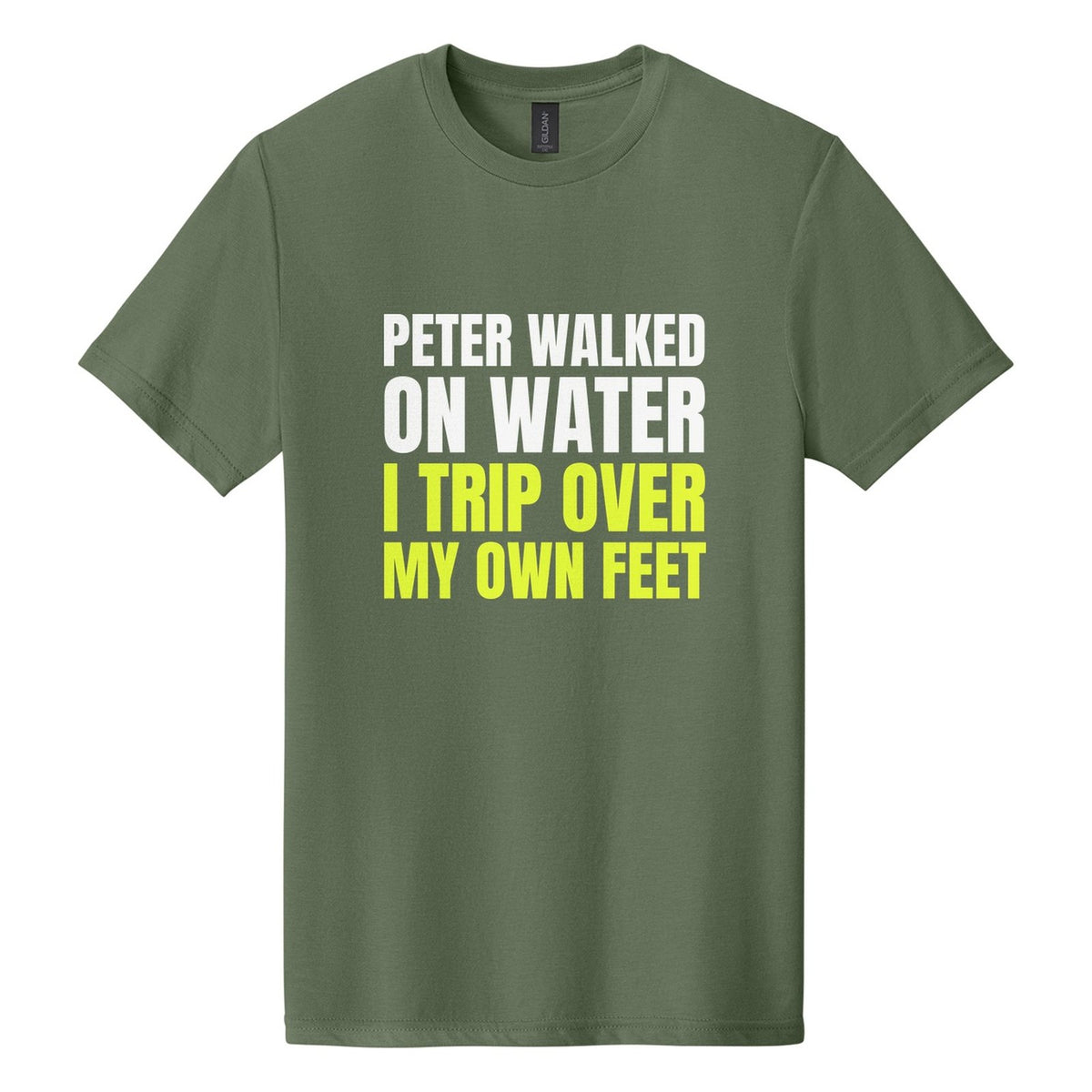 Peter Walked on Water. I Trip Over My Own Feet tee in Cactus, Anton font, White + Neon Yellow ink
